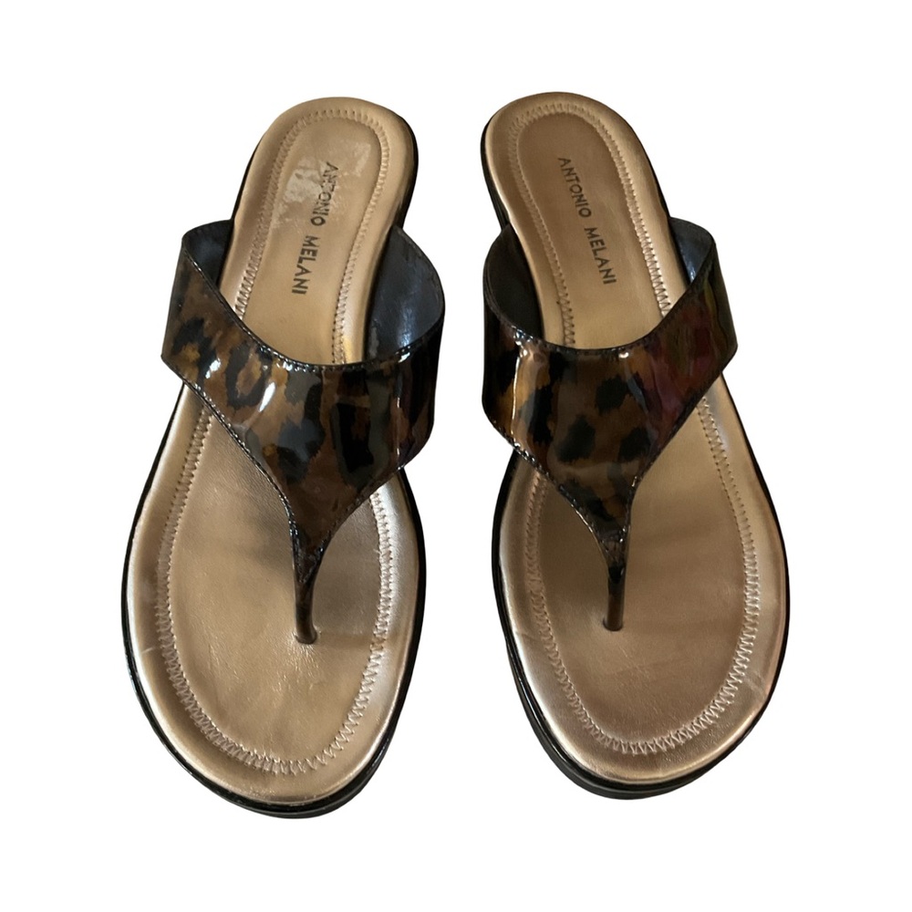 Antonio Melani Leopard Patent Thong Wedge Sandals 10 Comfort Slip On - Picture 3 of 10